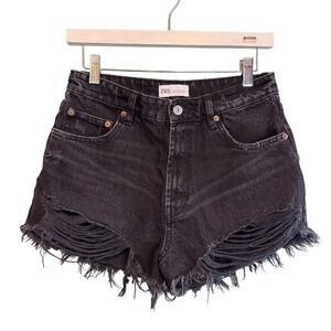 Zara Womens Denim Y2k Distressed Concert Travel Cut Off Jean Shorts Black Size 6
